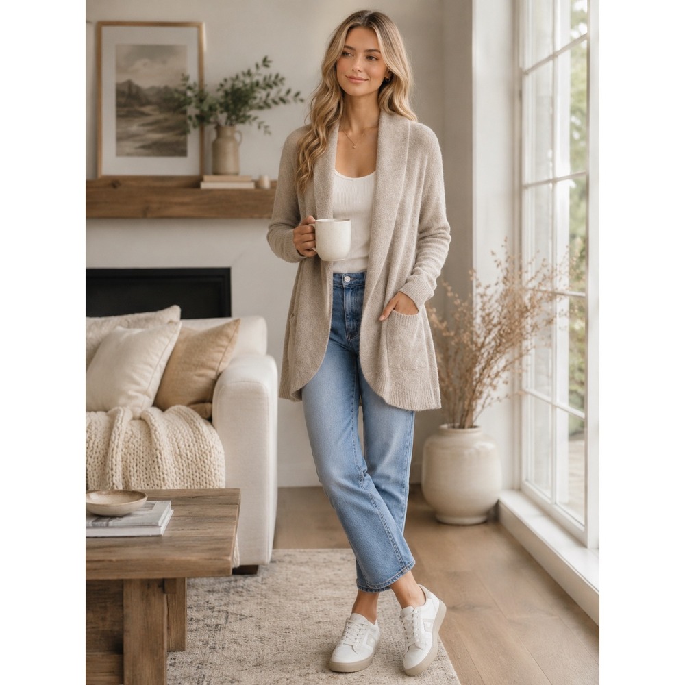 Barefoot Dreams CozyChic Lite Shawl Collar Cardigan Taupe Large Cozycore ‎ Soft